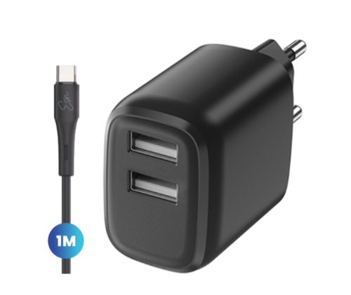 Essentials Dual 12W Wall Charger + Type-C Cable - Black