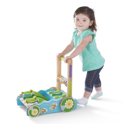 הליכון מעץ לתינוק 'התנינים השמחים' עם גלגלים מונעי החלקה - תכלת