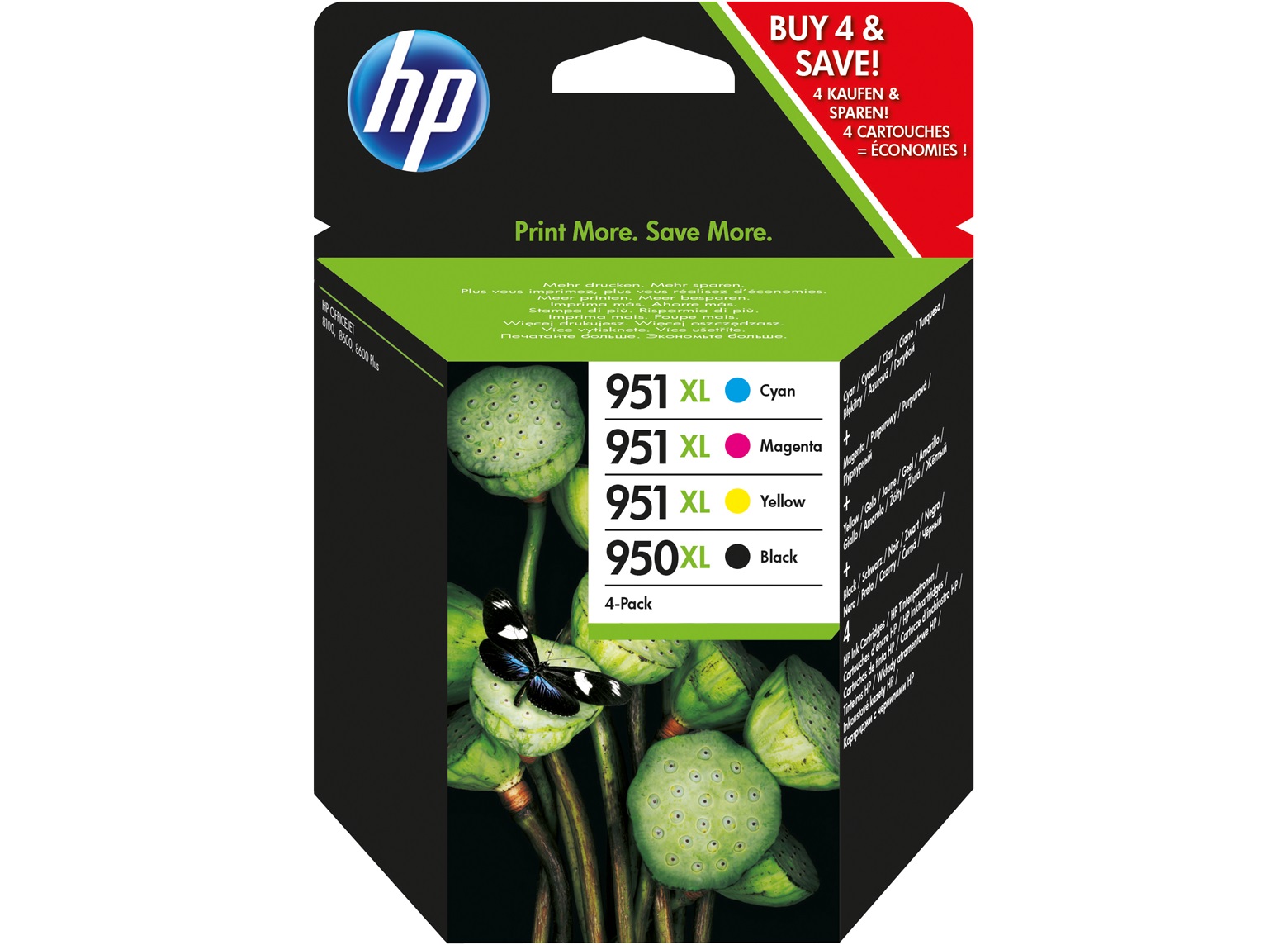 מחסניות דיו מקוריות HP 950XL בשחור/951XL בציאן/מגנטה/צהוב, אריזה של 4 (C2P43AE)