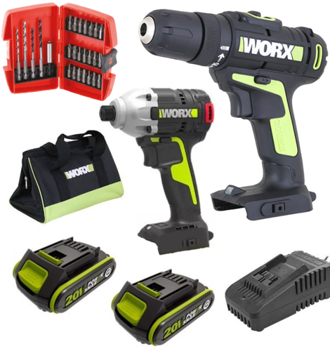 סט 20V אימפקט + מברגה/מקדחה + סט 26 ביטים/מקדחים