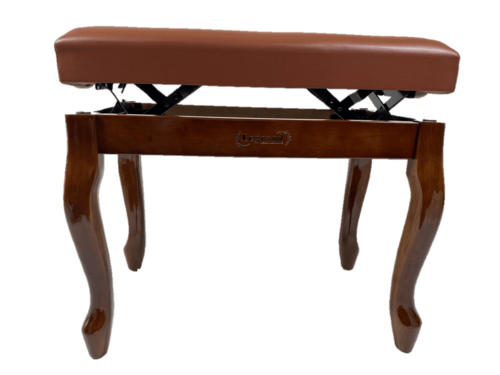 כסא פסנתר מתכוונן עם רגליים מהודרות בצבע חום וולנט מבריק עם מושב דמוי עור בצבע חום כהה PB25 מבית Legrand