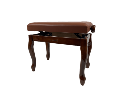 כסא פסנתר מתכוונן עם רגליים מהודרות בצבע חום וולנט מבריק עם מושב דמוי עור בצבע חום כהה PB25 מבית Legrand