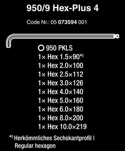 סט מפתחות L אלן כדורי כרום זרוע קצרה 950 PKLS/9 SM SB סט 9 חלקים מקט 05073594001 WERA