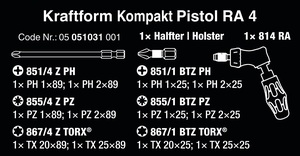 ידית מברג עם מחסנית 6 ביטים KK PISTOL RA 4 מקט 05051031001 WERA