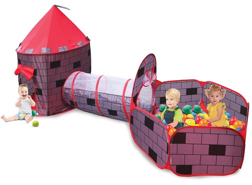 סט המשחקים המושלם - אוהל טירה עם בריכת כדורים ומנהרת זחילה + 50 כדורים - אדום