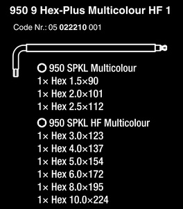 סט אלן צבעוני תופס בורג 950/9 Hex-Plus סט 9 חלקים מקט 05022210001 WERA