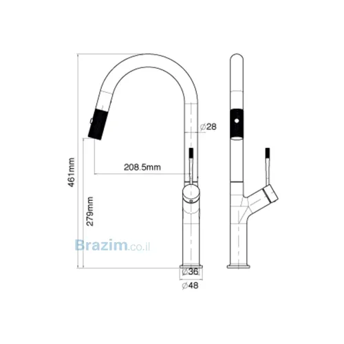 שרטוט מידות של ברז מטבח נשלף ארמני ניקל MP דגם MP-AR3172CP מבית MP מיובי.
