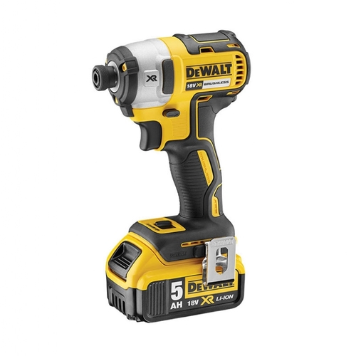 מברגת אימפקט נטענת DEWALT DCF887P2 18V XR - גוף צהוב שחור עם תפסן 1/4 אינץ', שתי סוללות 5 אמפר ומטען, לעבודות הברגה בעץ ובמתכת