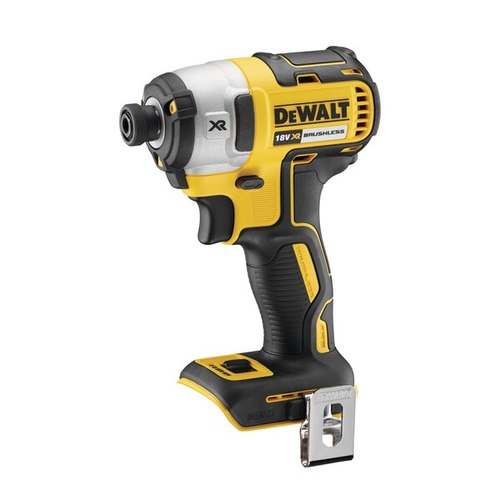 מברגת אימפקט נטענת DEWALT DCF887N 18V XR גוף בלבד - גוף צהוב שחור עם תפסן משושה 1/4 אינץ' וטבעת תאורת LED להברגה בעץ ובמתכת