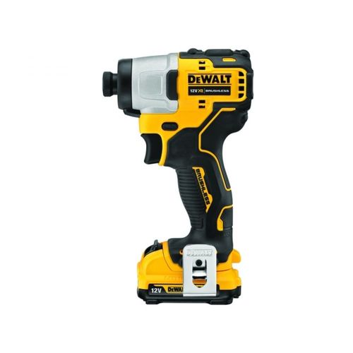 מברגת אימפקט קומפקטית נטענת DEWALT DCF801D2 12V XR - גוף קצר צהוב שחור עם שתי סוללות 2 אמפר ומטען, לעבודה בחללים צרים ובארונות