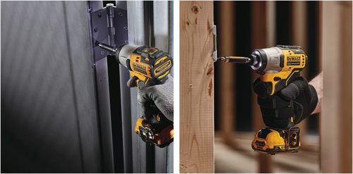 מברגת אימפקט קומפקטית נטענת DEWALT DCF801D2 12V XR - גוף קצר צהוב שחור עם שתי סוללות 2 אמפר ומטען, לעבודה בחללים צרים ובארונות
