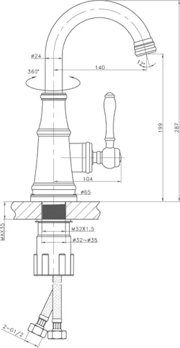 ברז רחצה ענתיק HI-515CP עם פיה מעוצבת בגימור ניקל של מיובי.