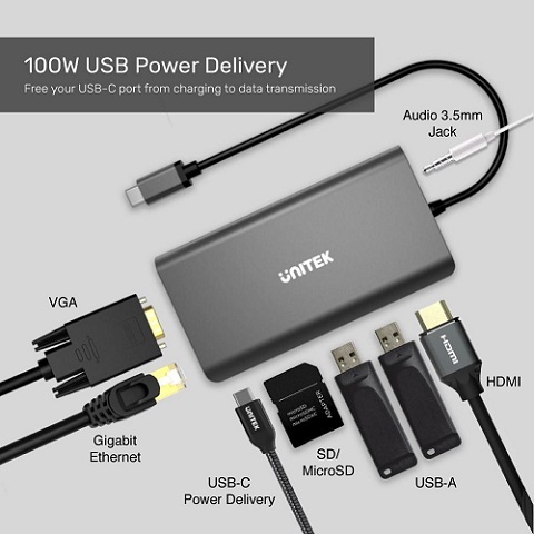 תחנת עגינה אוניברסלית  UNITEK uHUB O8+ 8-in-1 USB3.1 Type-C  D1019A   