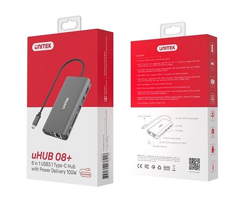 תחנת עגינה אוניברסלית  UNITEK uHUB O8+ 8-in-1 USB3.1 Type-C  D1019A   