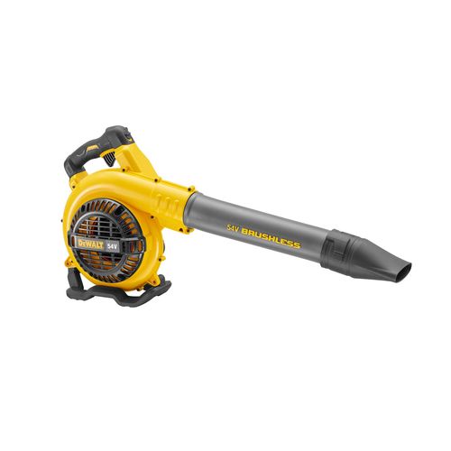 מפוח יד נטען DEWALT DCM572 54V FlexVolt גוף בלבד - גוף צהוב שחור עם צינור מעוקל ונחיר מרכז לפינוי עלים ואבק משבילים