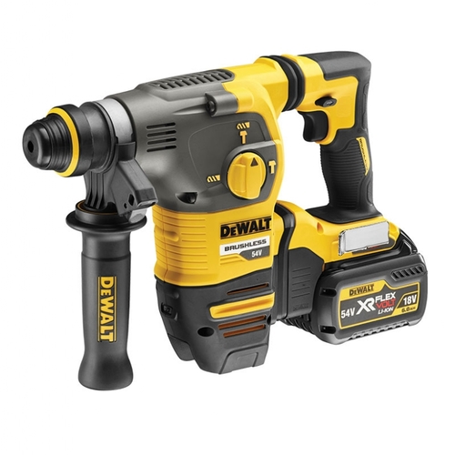 פטישון נטען DEWALT DCH333X2 54V FlexVolt - גוף צהוב שחור עם תפסן SDS-Plus, ידית צד, שתי סוללות 9 אמפר ומזוודת TSTAK לקידוח בבטון