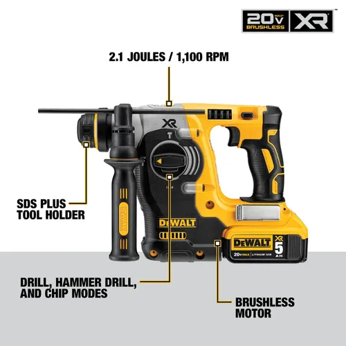 פטישון נטען DEWALT DCH273P2 18V XR - גוף L צהוב שחור עם תפסן SDS-Plus, ידית צד, שתי סוללות 5 אמפר ומזוודת נשיאה