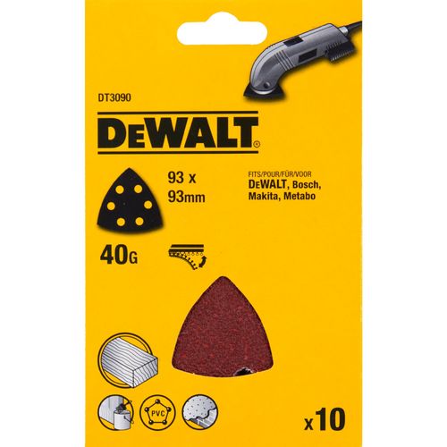 ניירות לטש משולשים DEWALT DT3090 גרעין 40 - סט 10 יחידות במידות 93x93 מ