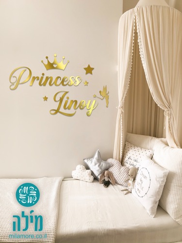 עיצובים לקיר - שם לילדה + princess +פיה לבבות וכתר - עשוי אלוקבונד אלומיניום 
