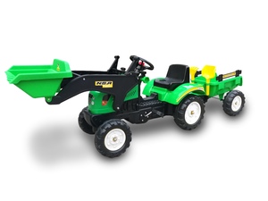 טרקטור פדלים לילדים עם כף קדמית עולה ויורדת ועגלה מתחברת ו 2 כלי חפירה - ירוק