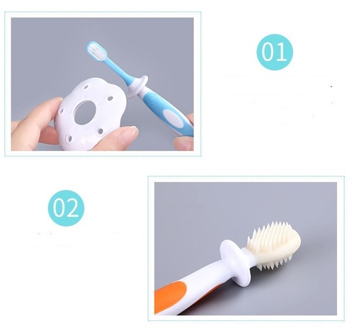 סט 2 מברשות שיניים הראשונות לתינוק מסיליקון עם מגן בטיחות - תכלת 