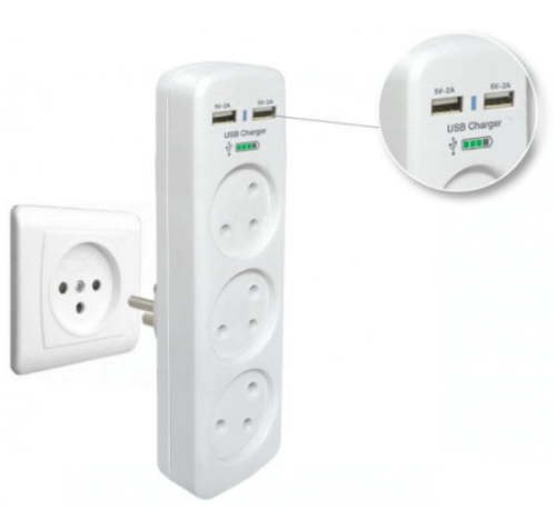 רב שקע 3 יציאות עם 2 חיבורי USB