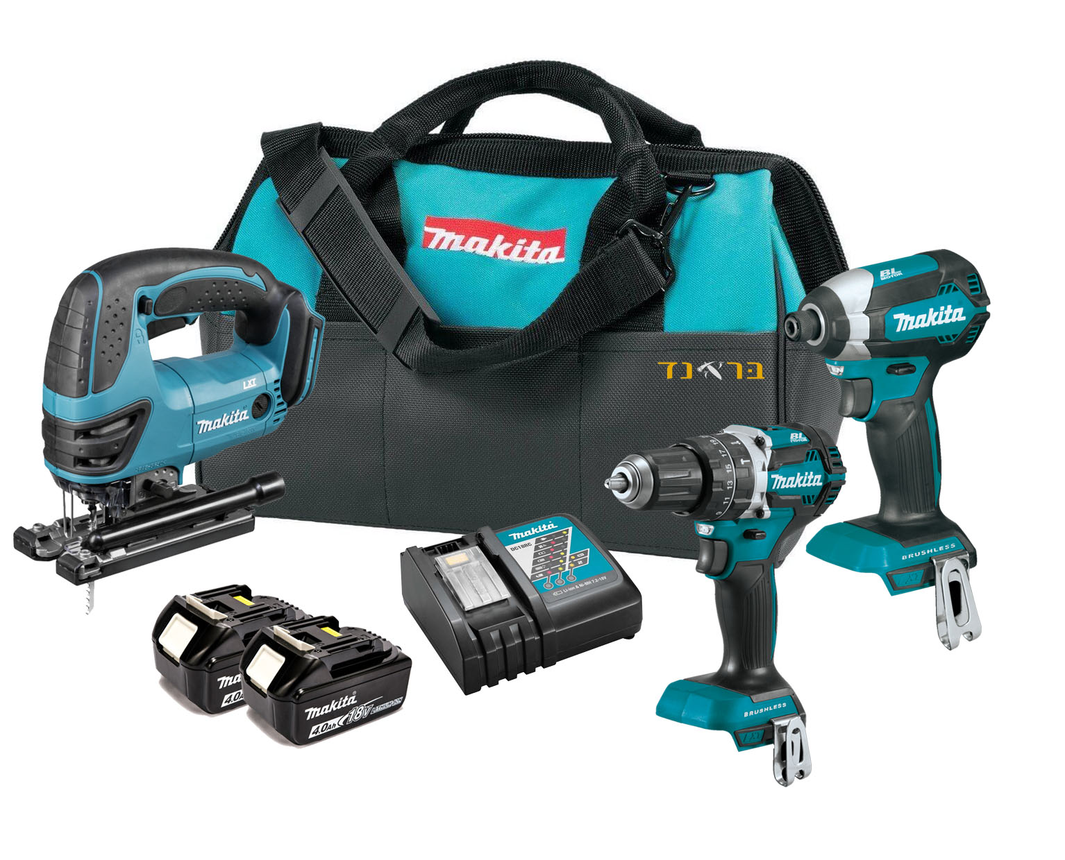 סט אימפקט + מברגה/מקדחה + מסור אנכי 18V + שתי סוללות 4.0AH