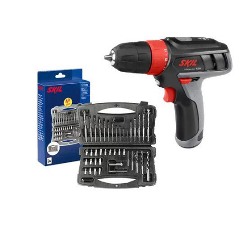 מברגה/מקדחה נטענת SKIL בעלת סוללת ליתיום 12V + סט 40 חלקים