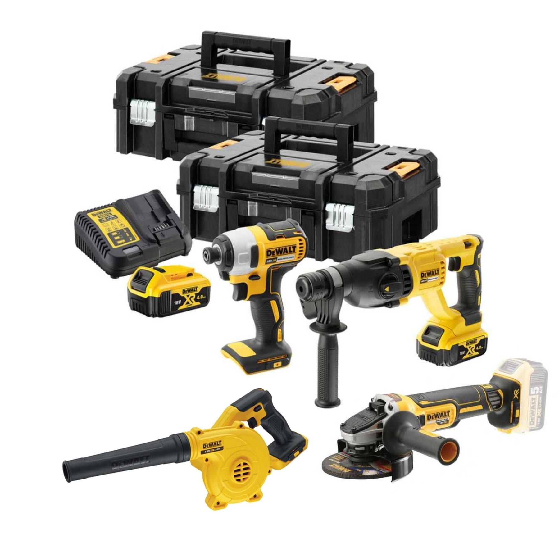 סט 4 כלים ברשלס 18V 4AH DEWALT ב-2 ארגזי טיסטק