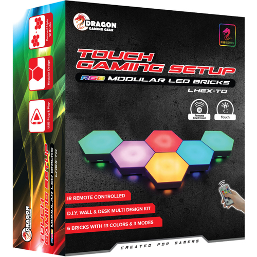 6 אריחי תאורת RGB כולל טאצ' ושלט אלחוטי Dragon Haxon LED RF STDRA-LHEX-TO