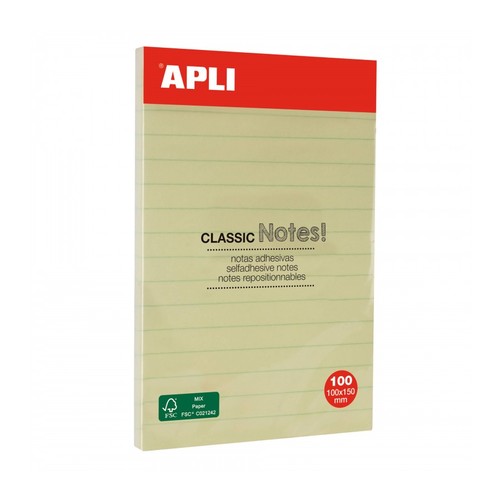 פתקיות ממו צהובות עם שורות APLI 100X150 (100 דף)