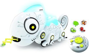 רובוט זיקית על שלט רחוק עם לשון לוכדת מטבעות ואורות LED