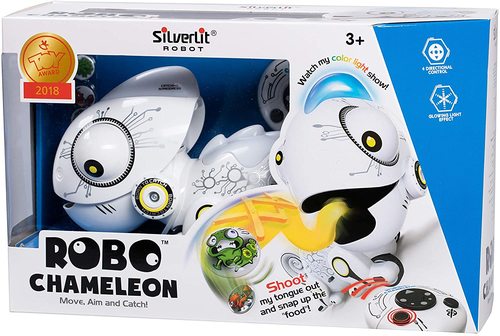 רובוט זיקית על שלט רחוק עם לשון לוכדת מטבעות ואורות LED
