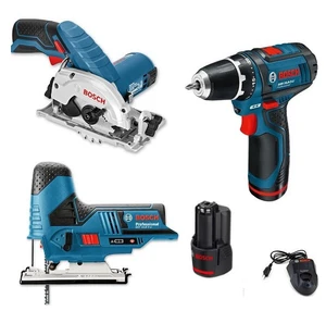 סט נטען 12V מברגה/מקדחה + מסור אנכי נטען + מסור עגול + 2 סוללות BOSCH 110785T7 2Ah