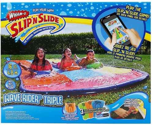 מגלשת מים משולשת  לילדים בגינה אורך 4.8 מטר Wave Rider עם חיבור לצינור גינה ו 3 גלשני בוגי מתנפחים Wham-O