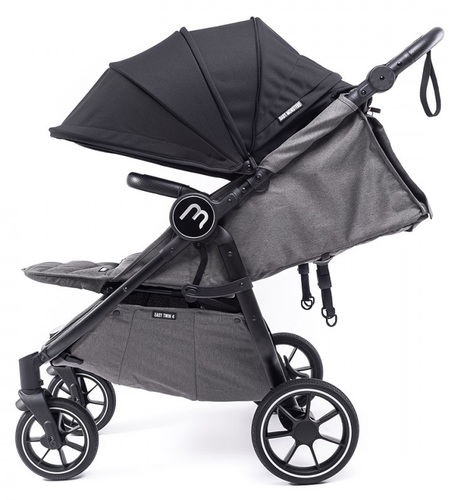 עגלת תאומים צרה בייבי מונסטרס Easy Twin 4 עם מדרך רגלים מתכוונן -בד בסיס אפור גגונים שחורים צפי הגעה מרץ 2024