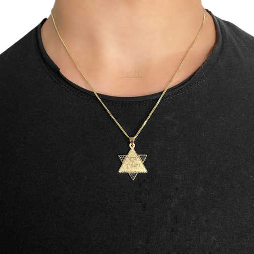 שרשרת זהב לגבר דגם מגן דוד יברך ה' וישמרך זרקונים שחורים