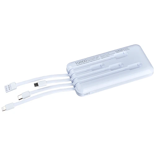 פאוור בנק סוללת גיבוי 10,000mAh טעינה מהירה כולל 4 כבלים מובנים - לבן