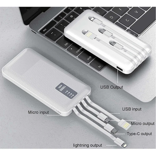 פאוור בנק סוללת גיבוי 10,000mAh טעינה מהירה כולל 4 כבלים מובנים - לבן