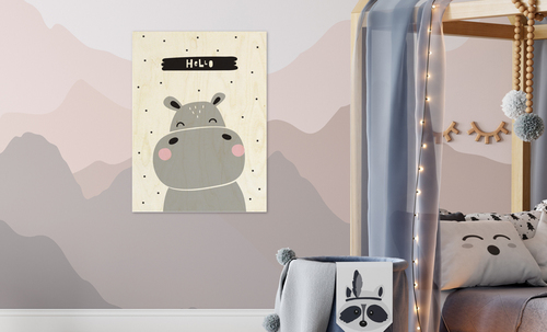 תמונה מודפסת על עץ (מגוון מידות) לחדר ילדים - היפופוטם
