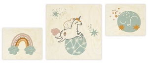 שלישית תמונות מודפסת על עץ (מגוון מידות) לחדר ילדים - חד קרן בירח