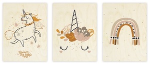 שלישית תמונות מודפסת על עץ (מידה אחידה) לחדר ילדים - חד קרן