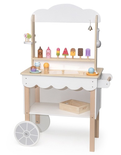 עגלת גלידה גדולה מעץ עם לוח כתיבת תפריט ואביזרי משחק