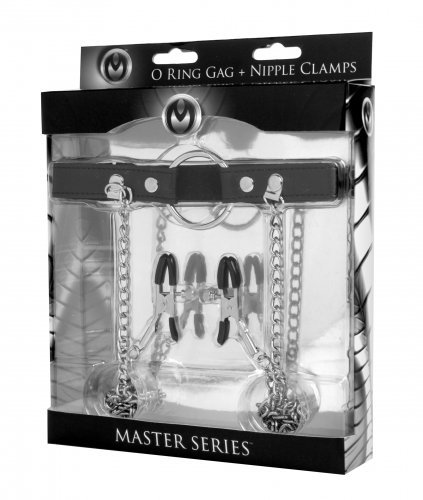 מחסום פה גאג רינג עם זוג מצבטי פטמות XR Brands - Seize O-Ring Gag with Nipple Clamps 