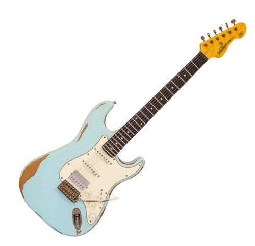 זוית נוספת Vintage V6H ICON HSS Electric Guitar ~ Ultra-Gloss Distressed Laguna Blue