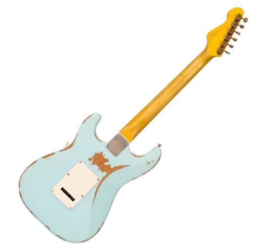 זוית נוספת Vintage V6H ICON HSS Electric Guitar ~ Ultra-Gloss Distressed Laguna Blue