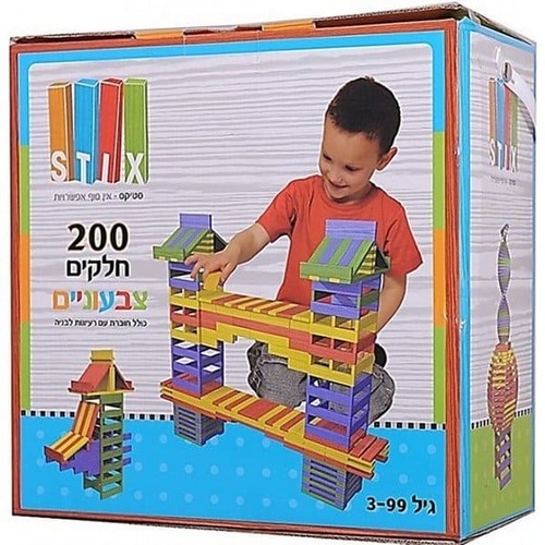 STIX - סטיקס משחק בנייה בתלת מימד עם 200 כפיסי עץ צבעוניים