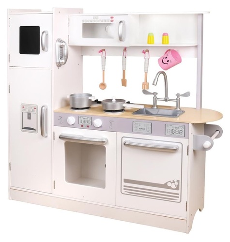 מטבח עץ לילדים עם מקרר, מקפיא, מדיח ו-10 אביזרי בישול - לבן