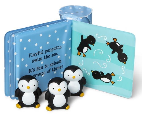 ספר אמבטיה 4 עמודים עם 3 צעצועי אמבטיה ותא אכסון - פינגווינים