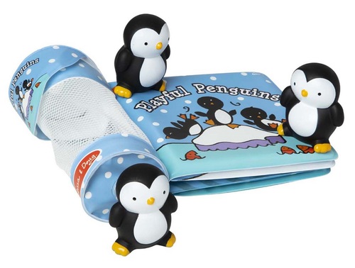 ספר אמבטיה 4 עמודים עם 3 צעצועי אמבטיה ותא אכסון - פינגווינים